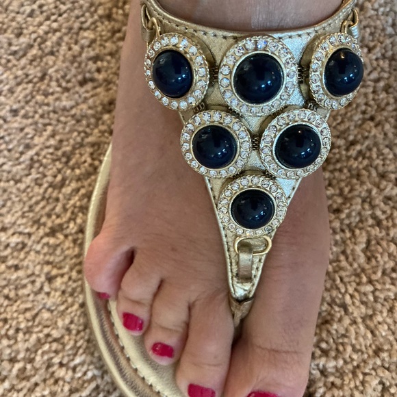 Sparkly gold Lilly Pulitzer sandals with lapis beads encrusted with diamonds - Picture 3 of 9